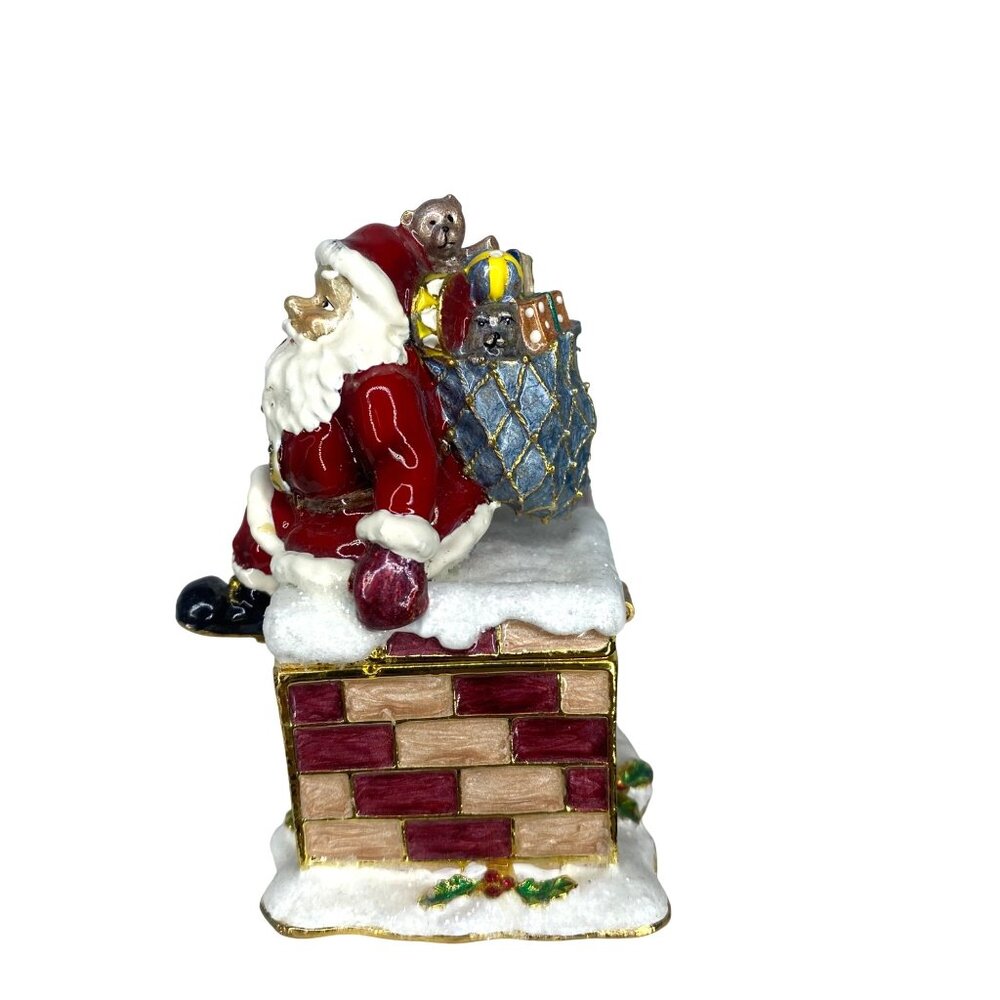 Enameled Bejeweled Santa on Chimney Jewelry Trinket Box collectable - Picture 3 of 11